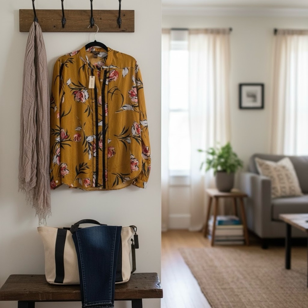 Anthropologie gold mustard floral long sleeve silk shirt M